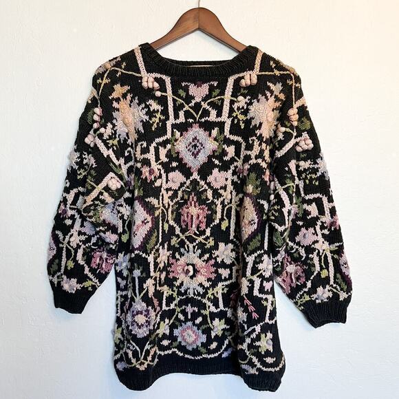 HUNTERS RUN Hand Knit Floral Sweater Cottagecore Vintage 90's Small Grandma - Picture 1 of 4